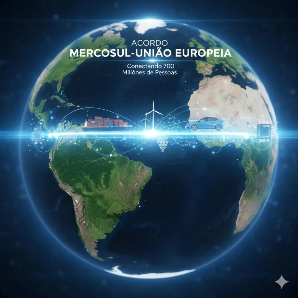 O acordo Mercosul-União Europeia é realidade. Menos burocracia, mais exportações e um salto na nossa integração global. Imagem: IA
