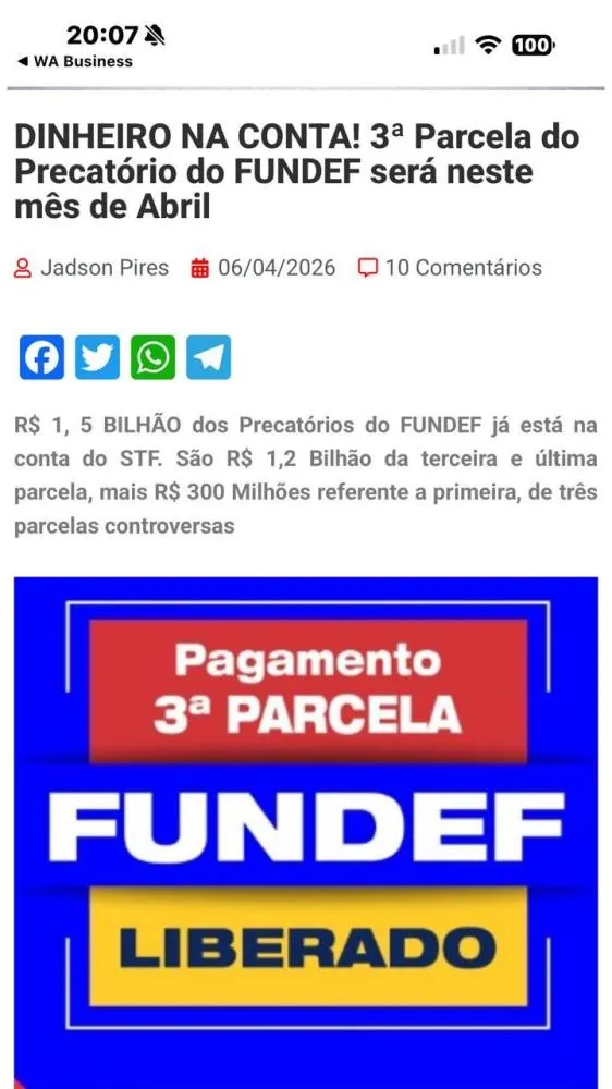 Imagem que circula nas redes sociais anuncia pagamento da 3ª parcela do Fundef em abril, informação desmentida pelo Sinproesemma.. Crédito: internet 