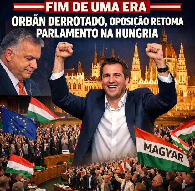 TERREMOTO NA EUROPA! Caiu o último reduto da ultradireita radical na Hungria. Viktor Orbán, que mandava no país desde 2010, foi derrotado hoje nas urnas por Péter Magyar. Imagem: IA