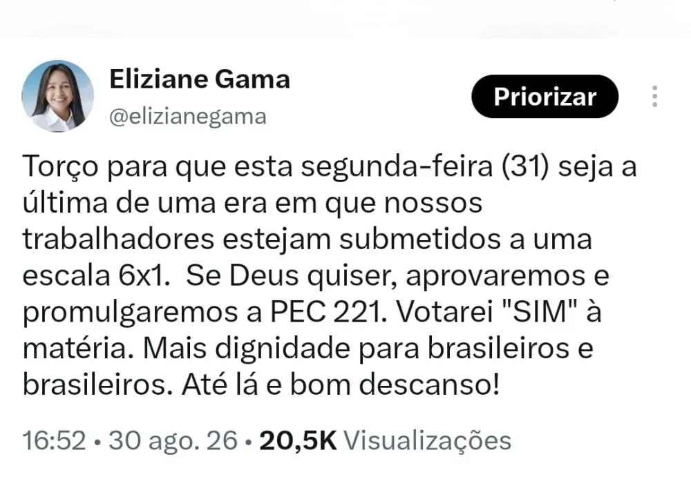 DIREITOS TRABALHISTAS: A senadora Eliziane Gama (PT-MA) declarou voto favorável à PEC 221, que extingue a escala de trabalho 6x1.