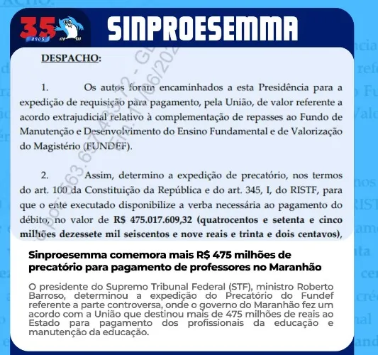 O Sinproesemma comemora mais R$ 475 milhões de precatório para pagamento de professores no Maranhão