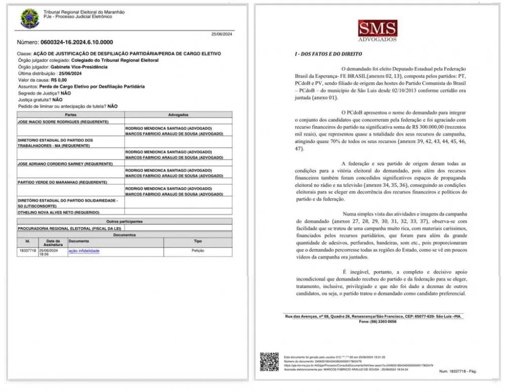 Ação foi protocolada na Justiça Eleitoral nesta terça-feira, dia 25.