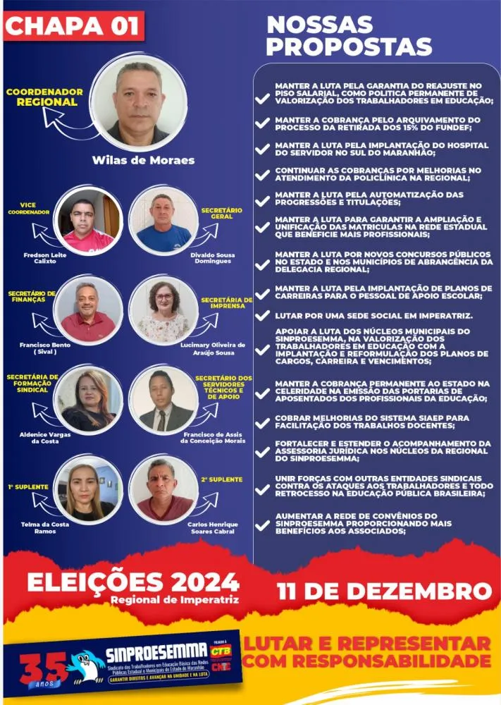 Componentes da chapa ara a coordenação regional em Imperatriz do Sinproesemma. Foto: Divulgação