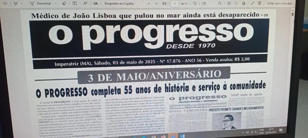 Capa do 1º exemplar de O PROGRESSO. Crédito/Foto: Divulgação/Acervo da UFMA (Curso de Jornalismo)