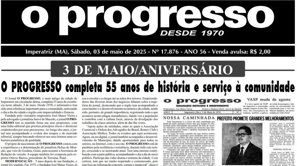 Capa do 1º exemplar de O PROGRESSO. Crédito/Foto: Divulgação/Acervo da UFMA (Curso de Jornalismo)