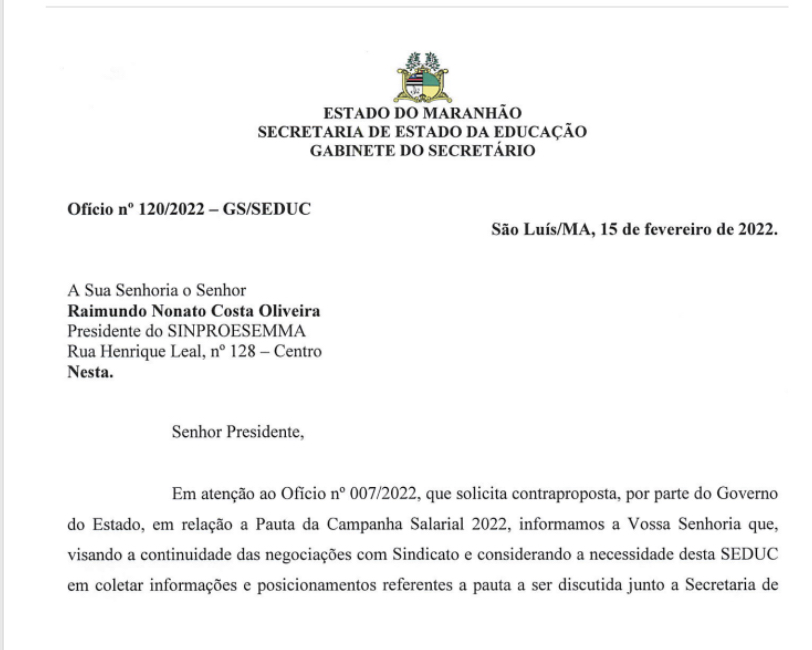 Oficio da SEDUC recebido nesta tarde de terça feira 